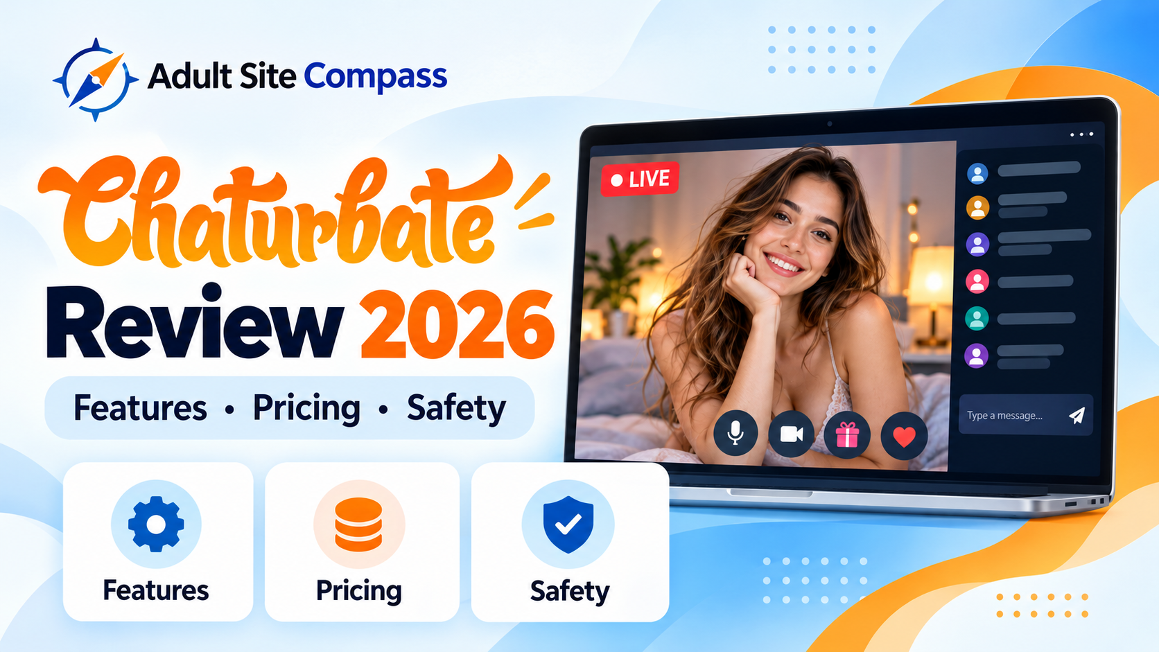 Chaturbate Review 2026 cover illustration showing a live webcam interface, features, pricing, and safety icons