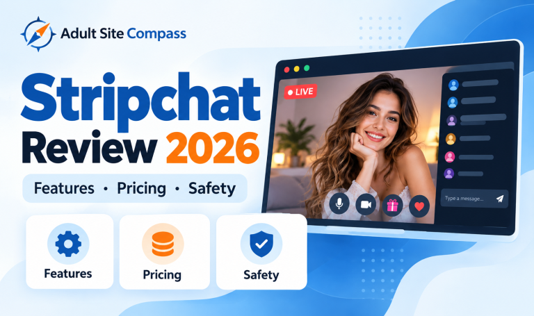 Illustrated Stripchat Review 2026 cover featuring a mock live-stream interface and sections for features, pricing, and safety.